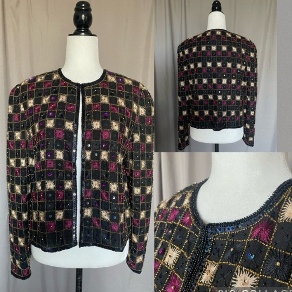 Vintage Silk Allettaré Beaded Embroidered Dinner Jacket - VTG L